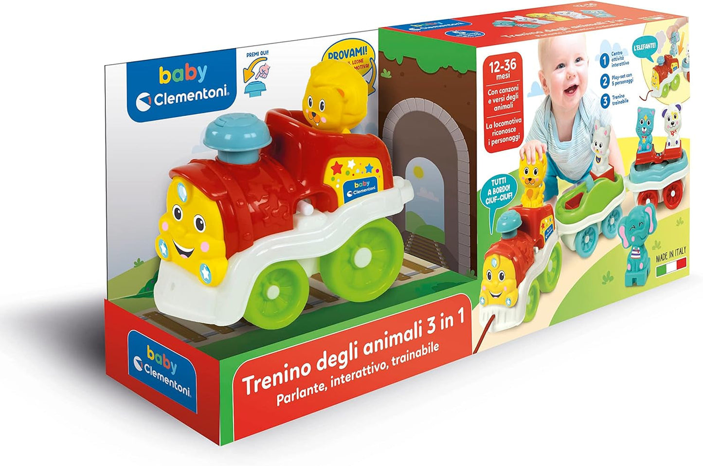 Clementoni Animali-3 Talking Interactive Udvidbart elektrisk toglegetøj til 1 år gammel baby (italiensk version) Fremstillet i Italien Multicolor 17740 Jucarii Bebe Naty Shop