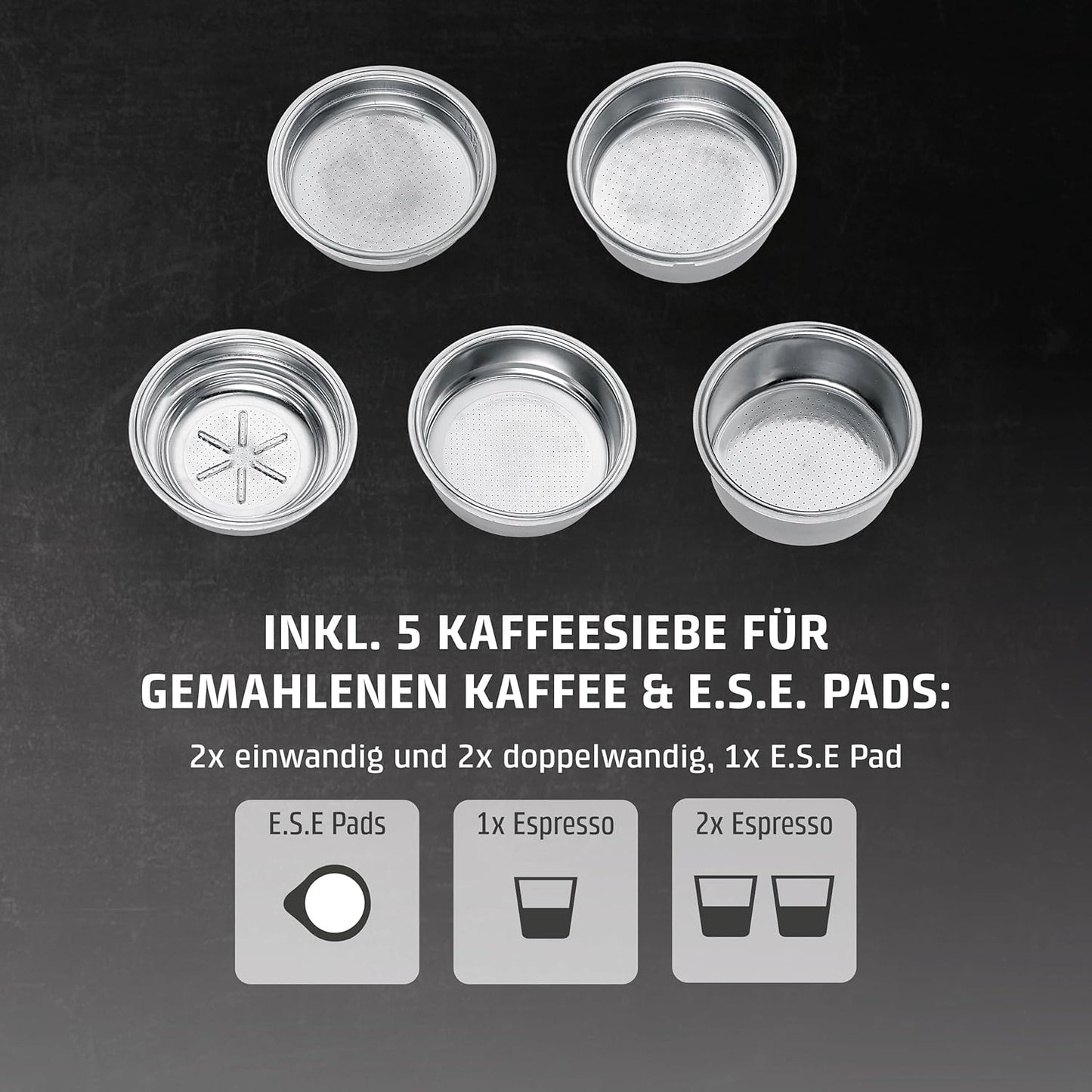 CASO EspressoGourmet Crema - Portafilter espressomaskine med mælkeskummer, espresso, cappuccino, rustfrit stål portafilter, ULKA 20 bar pumpe, kaffemaskine, malet kaffe, ESE kapsler
