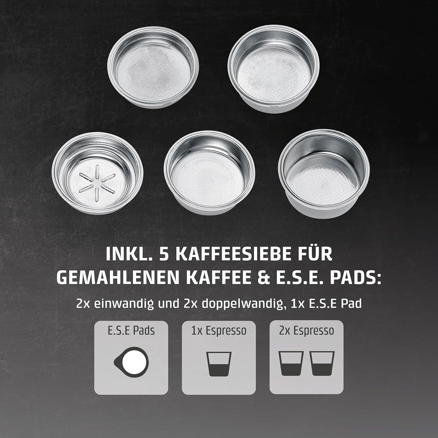 CASO EspressoGourmet Crema - Portafilter espressomaskine med mælkeskummer, espresso, cappuccino, rustfrit stål portafilter, ULKA 20 bar pumpe, kaffemaskine, malet kaffe, ESE kapsler