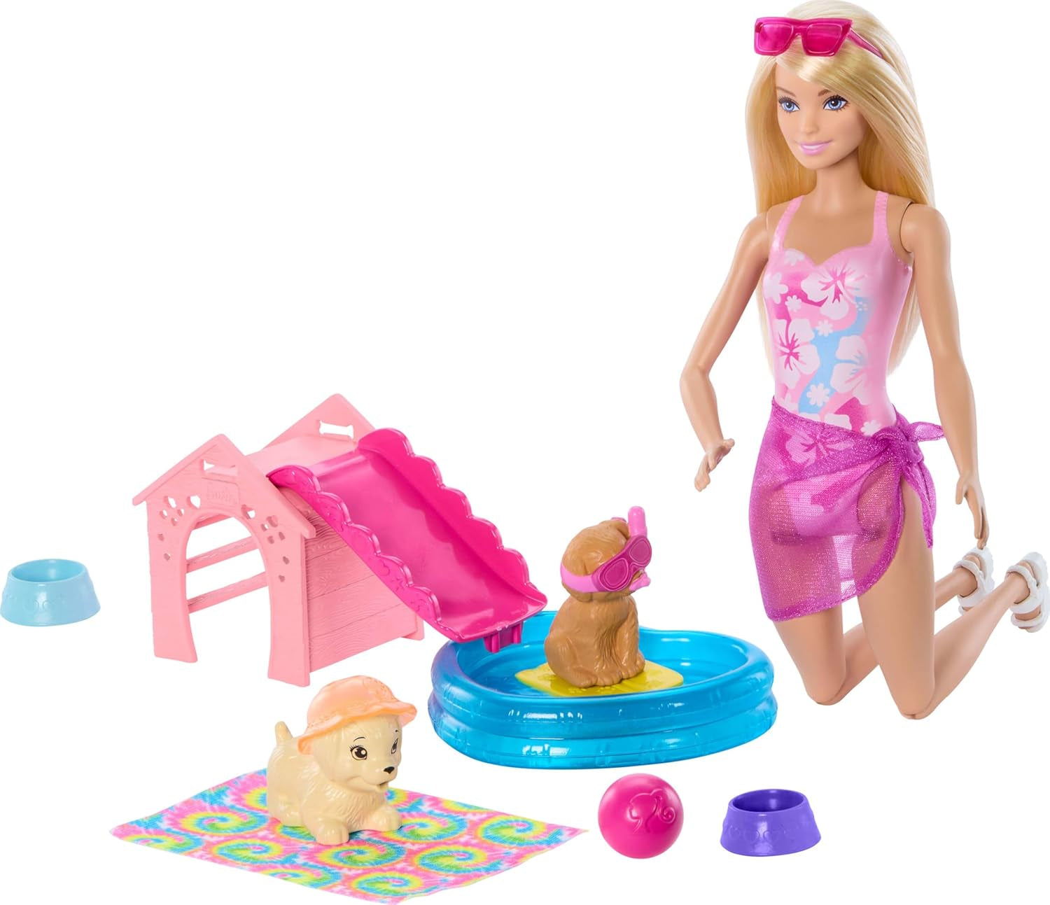 Barbie Puppy Pool Party Legesæt med modedukke, hundehus og rutsjebane, hjertepool, 2 hundefigurer, 6 tilbehør og farveskifter, JBF35