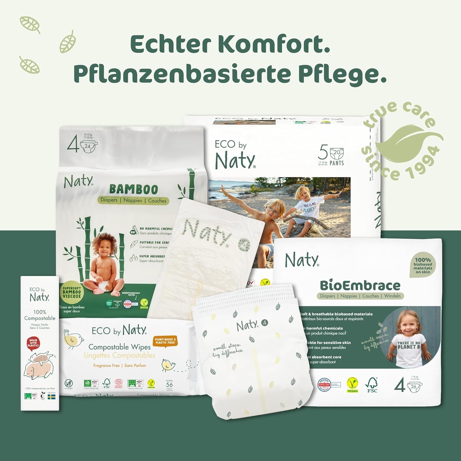 Naty BioEmbrace babybleer, størrelse 3 (4–9 kg) | 100% plantebaserede materialer, skånsomme mod huden | Åndbar blødhed, dermatologisk testet, fremragende absorption | 100 stk.