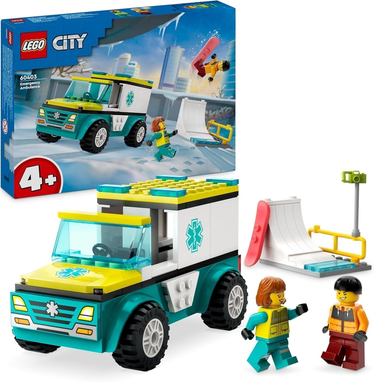 LEGO City Ambulance og Snowboarder, Ambulance Legesæt med legetøjsbil og 2 minifigurer, Snowboarder og Paramediciner Figur, fantasifuld gave til drenge og piger fra 4 år 60403 Byggesæt Besuche den LEGO-Store Standard titel