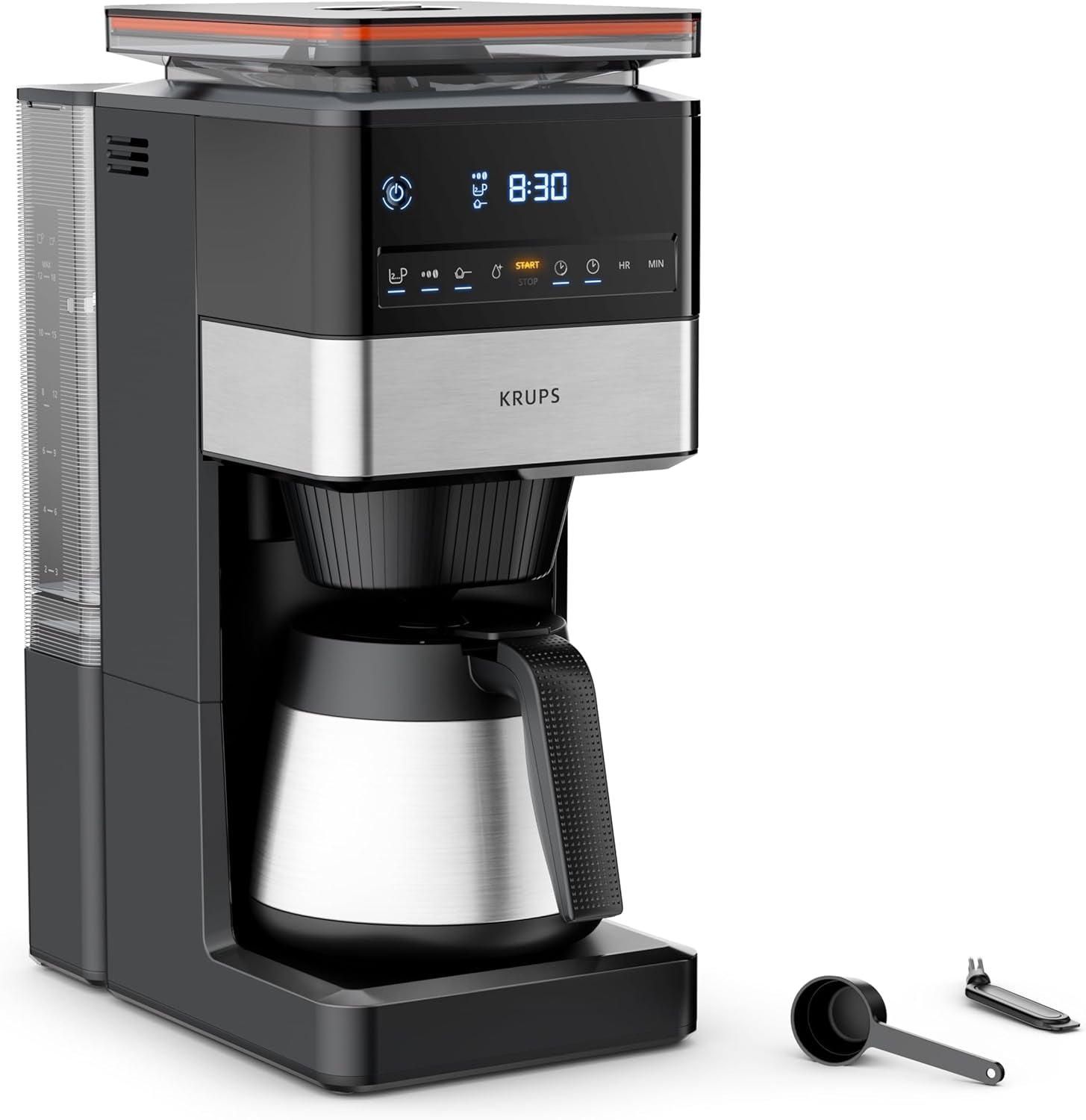 KRUPS Grind Aroma XL Espressomaskine, Aftagelig konisk kværn, Digital Kontrolpanel, XL Kapacitet (1,5 L), Hold varm funktion, Glaskaraffel, Sort/rustfrit stål, KM842810