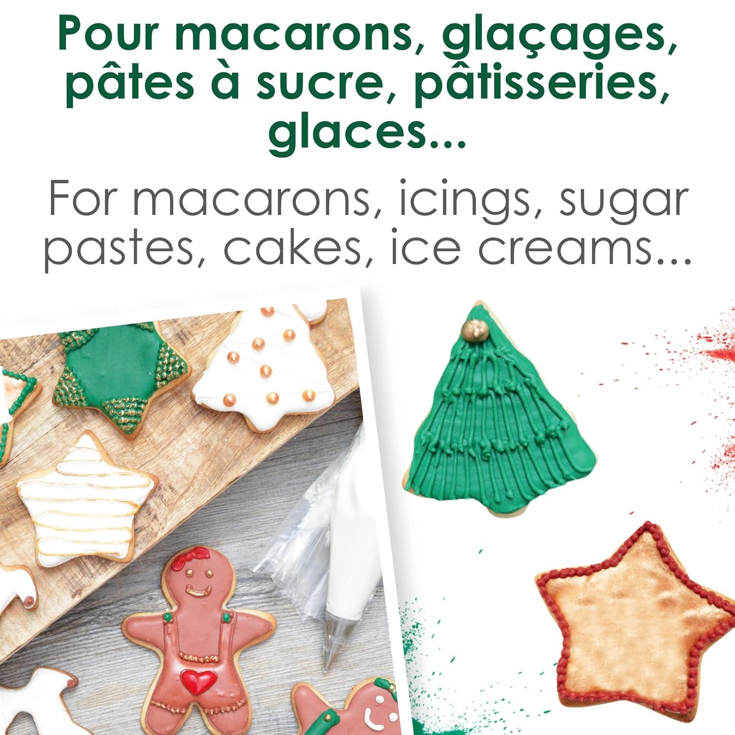 Scrapcooking - Sæt med 3 julemadsfarve i pulverform - rød, grøn, guld - spiselig madfarve til bagning, kager, småkager, kager, dej, fondant - julepynt - 4018