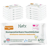 Naty Babyservietter | 100% urte- og duftfri til følsom hud | Plastfrie og certificerede komposterbare servietter med 98 % renset vand | 672 servietter (12 pakker)