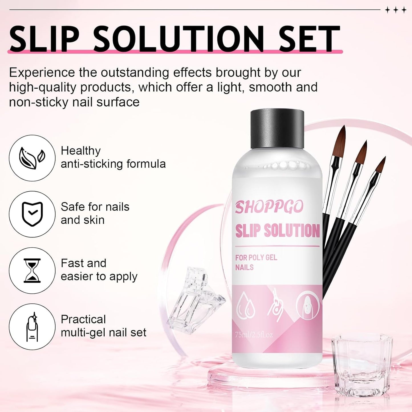 Polygel Nail Solution, Poly Gel Slip Solution Negle Kit, Polygel Liquid Nail Solutions 75 ml, 5 neglespidsklips, 3 neglebørster, 1 krystalkop, 100 rengøringsark