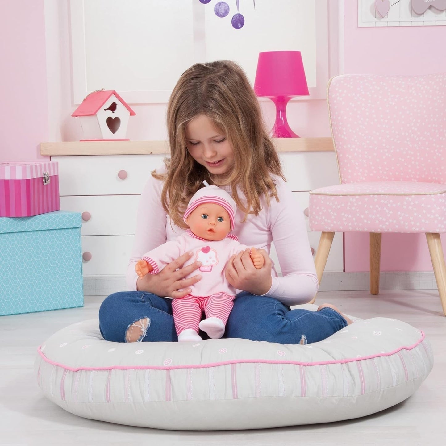 First Words dukke med søvnige øjne, taler 24 babylyde, med dukke og flaske, 38 cm, pink/striber Naty Shop Dolls