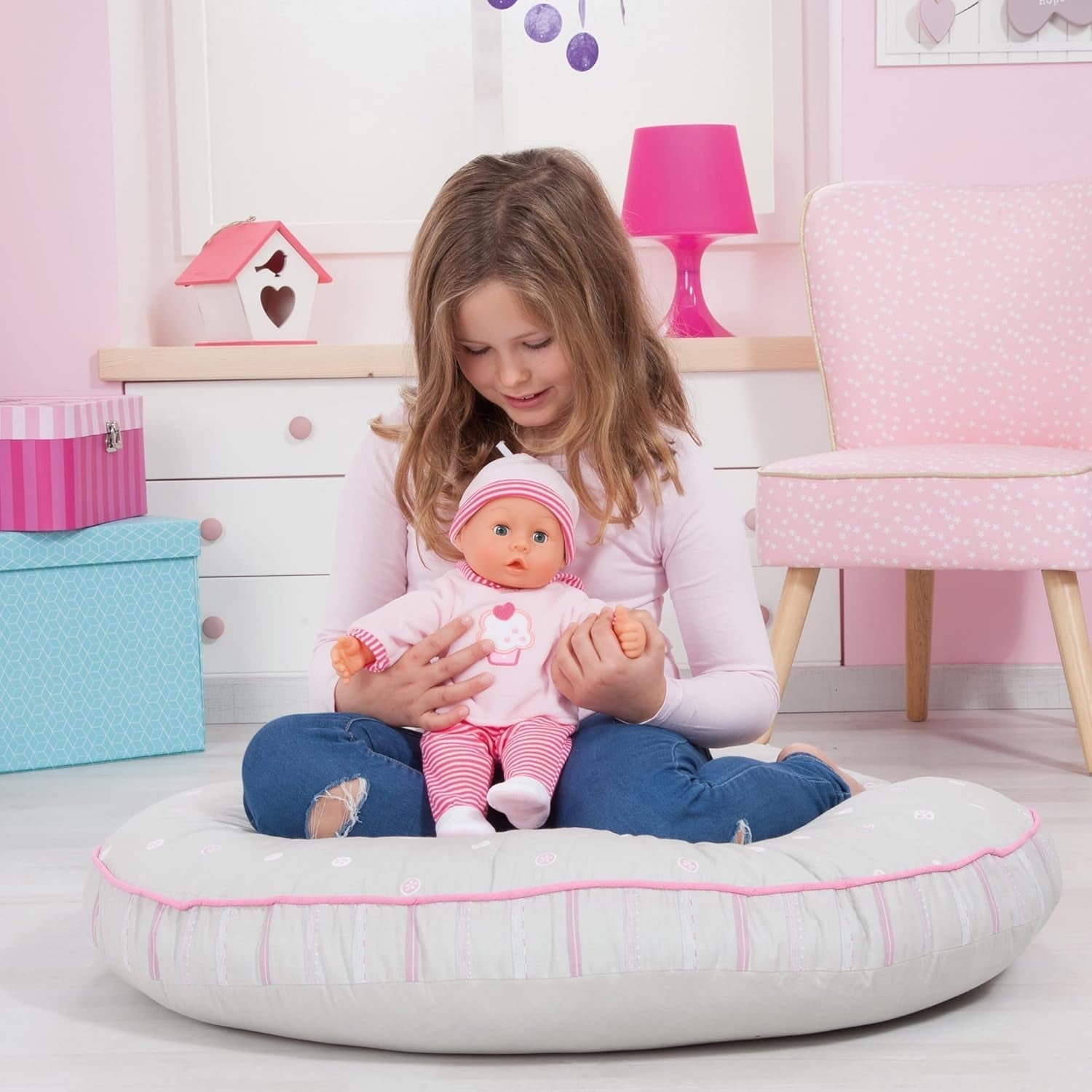 First Words dukke med søvnige øjne, taler 24 babylyde, med dukke og flaske, 38 cm, pink/striber Naty Shop Dolls