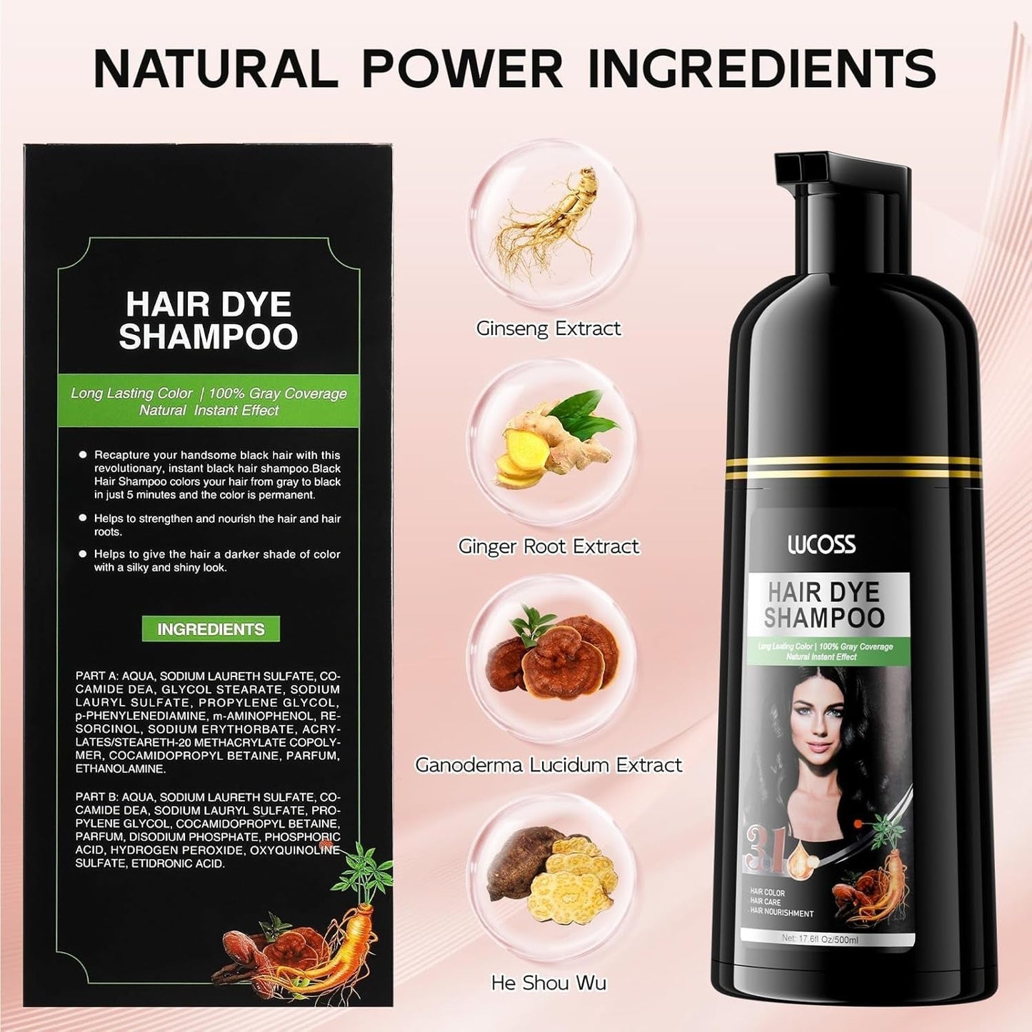 Instant Black Hair Shampoo, Natural Hair Dye Shampoo, 100 % gråt dæksel - nemt og hurtigt, semi-permanent farve til sort hår, hårfarve shampoo til mænd og kvinder Hårfarve Naty Shop