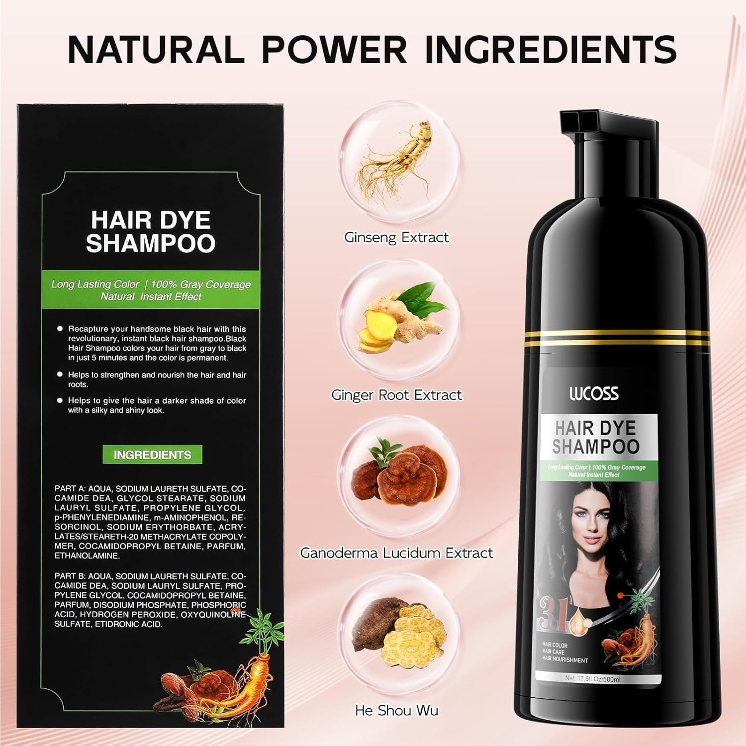 Instant Black Hair Shampoo, Natural Hair Dye Shampoo, 100 % gråt dæksel - nemt og hurtigt, semi-permanent farve til sort hår, hårfarve shampoo til mænd og kvinder Hårfarve Naty Shop