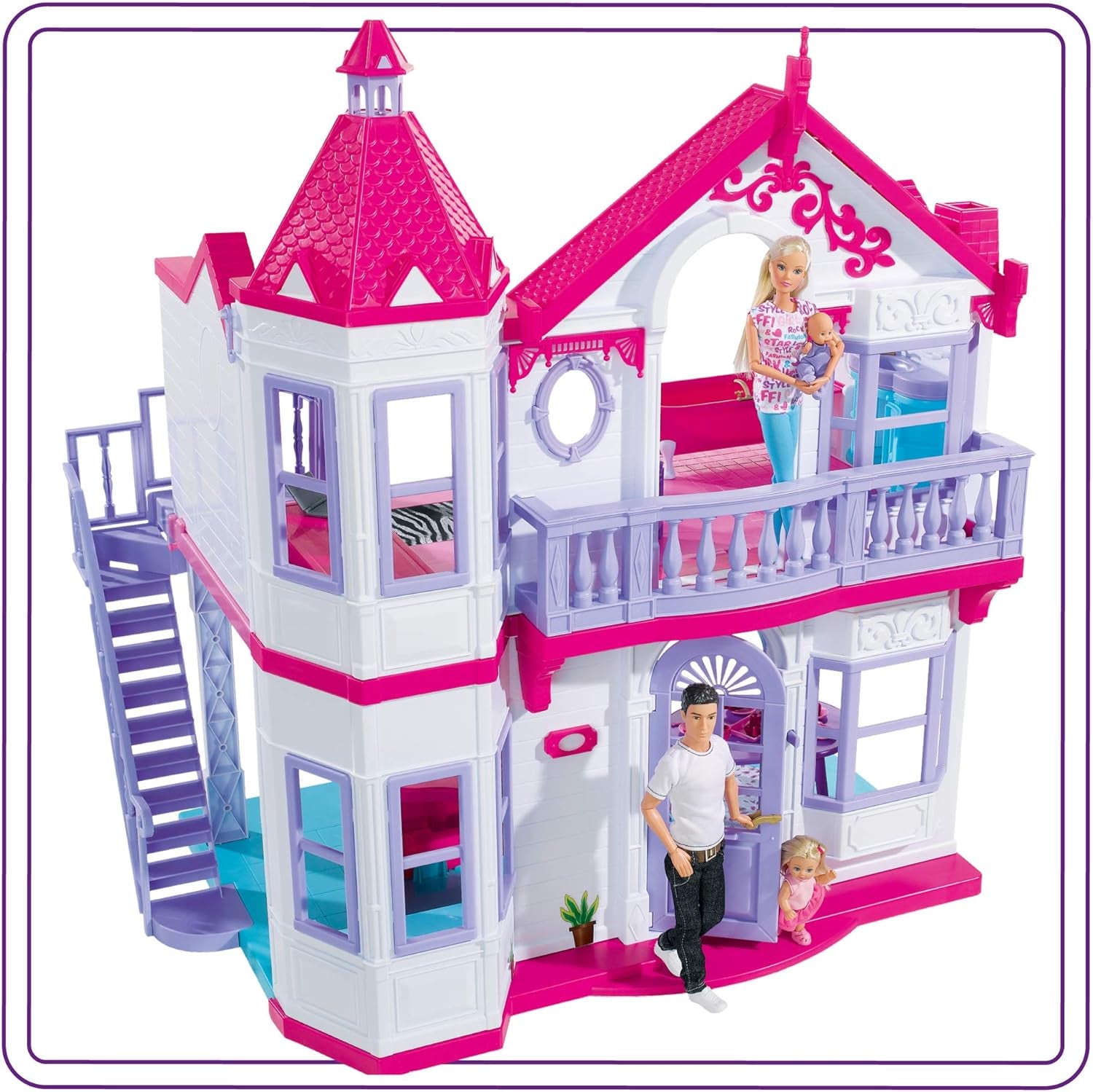 Simba 104661996 - Steffi Love Dreamhouse, Stort Legehus, 4 Værelser, INGEN DUKKERE, 84 cm høj, To Etager, Funktionel Klokke, Sammenklappelige Naty Shop Dukkehuse