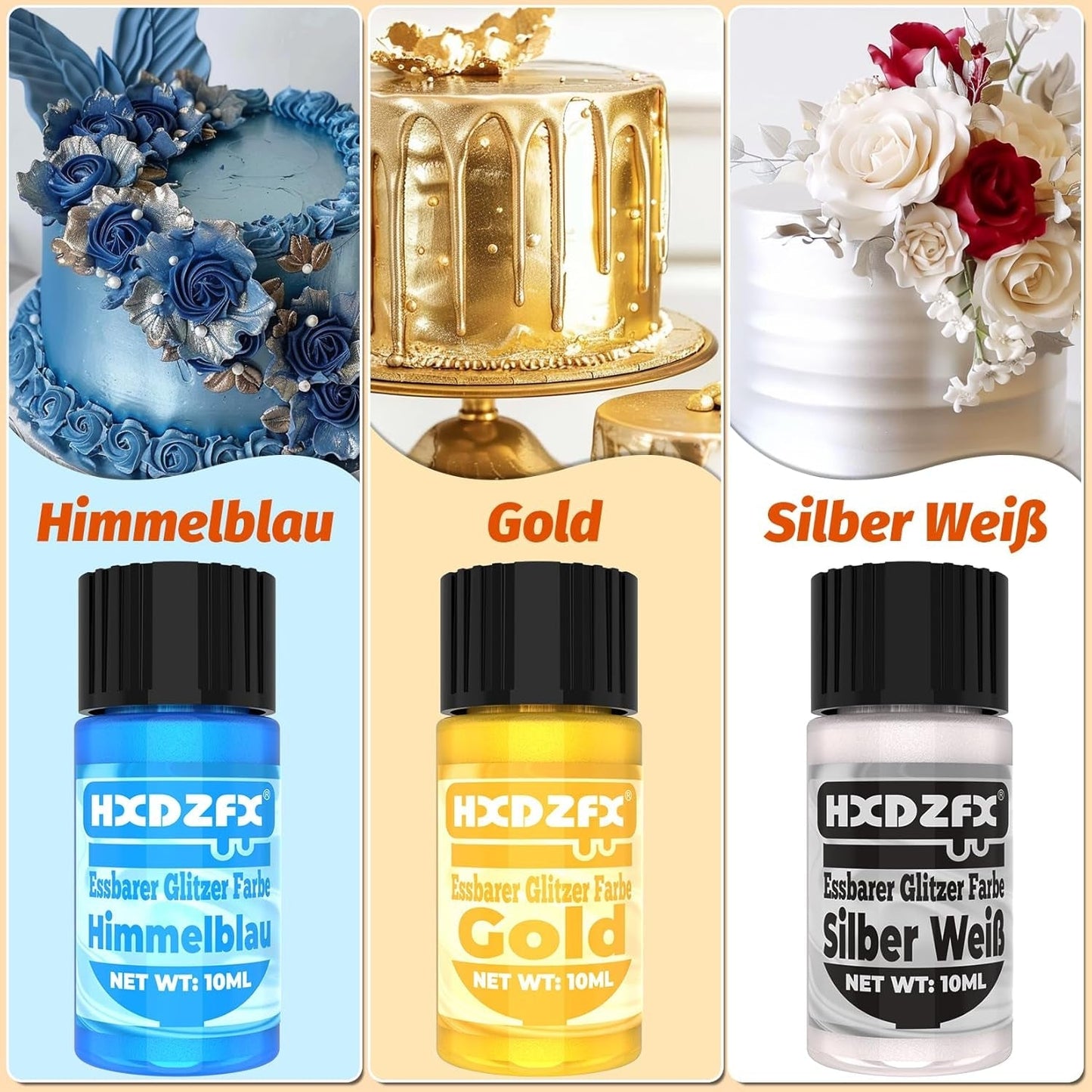 Essbarer Glitzer - 3 Torten Kuchen Deko Essbare, Metallic Lebensmittelfarbe Flüssiges, Spiselig Glitter Für Muffin, Cocktail, Marshmallows - 10Ml Naty Shop