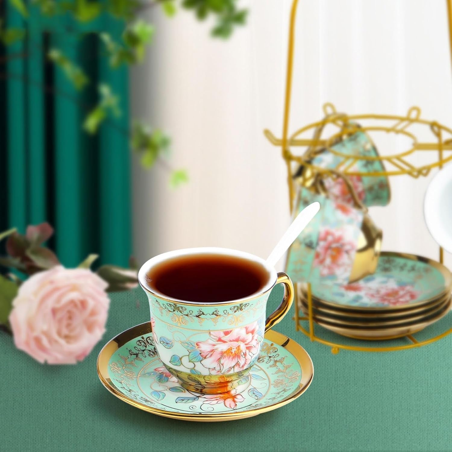Keramisk tesæt med metalstativ, 20 stykker vintage blomstermønster porcelæn tesæt, tesæt i europæisk stil til 6, 160 ml keramisk tekop, 700 ml tekande, til fester