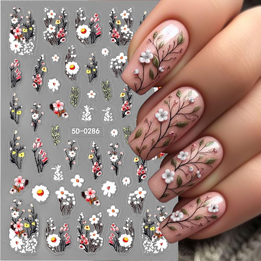 Plum Flower Nail Stickers, White Pink Flower Nail Stickers, Prægede Flower Nail Stickers, Spring Summer Flower Nail Stickers, Negle Designs, Negle Accessories, Nail Art