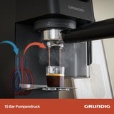 Portafilter espressomaskine GRUNDIG KSM 5330 med integreret mælkebeholder, effekt 1628 W, pumpetryk 15 bar, dobbelt mundstykke, farvetouchdisplay, BrewSense, CreamyPro, Mørk rustfrit stål/Sort