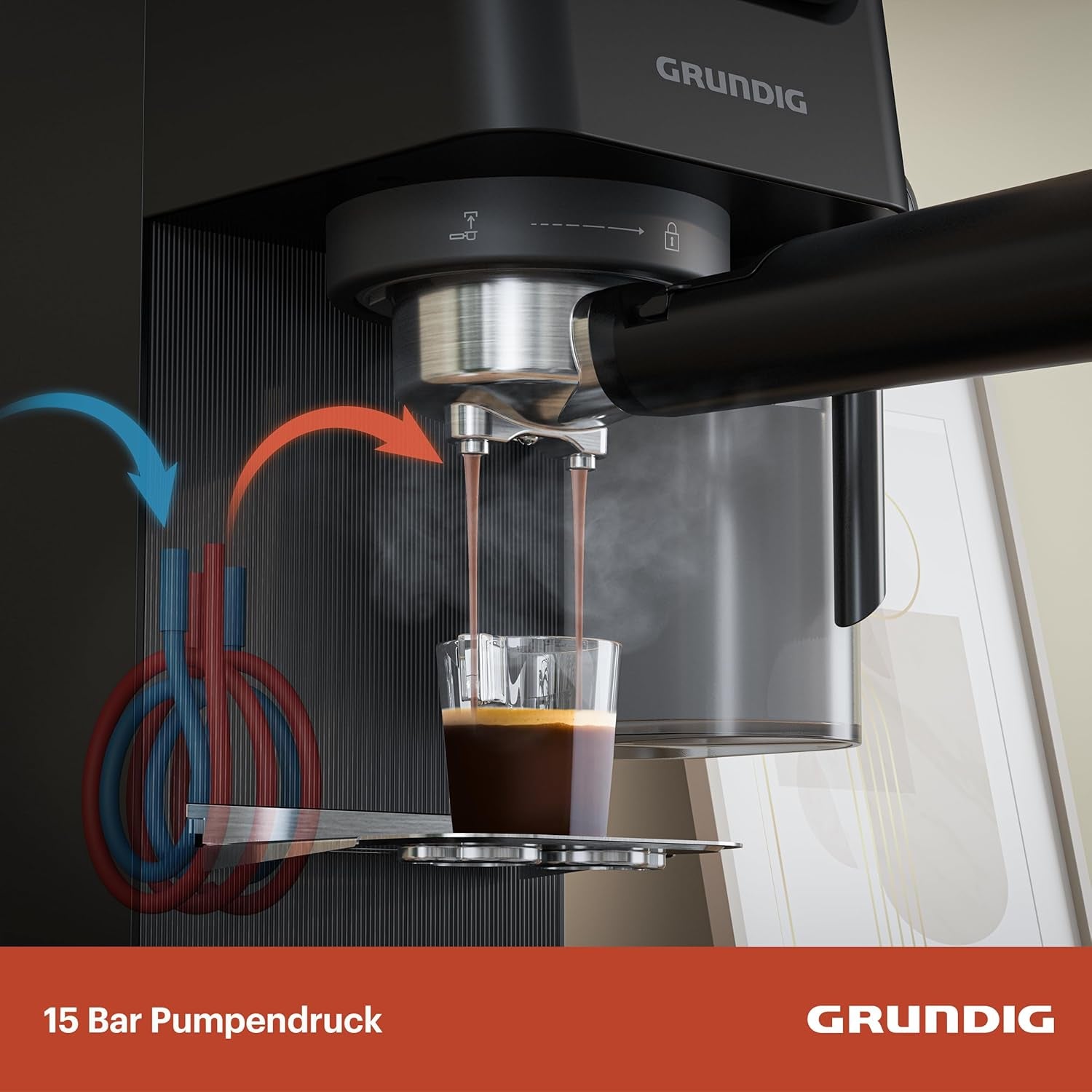 Portafilter espressomaskine GRUNDIG KSM 5330 med integreret mælkebeholder, effekt 1628 W, pumpetryk 15 bar, dobbelt mundstykke, farvetouchdisplay, BrewSense, CreamyPro, Mørk rustfrit stål/Sort