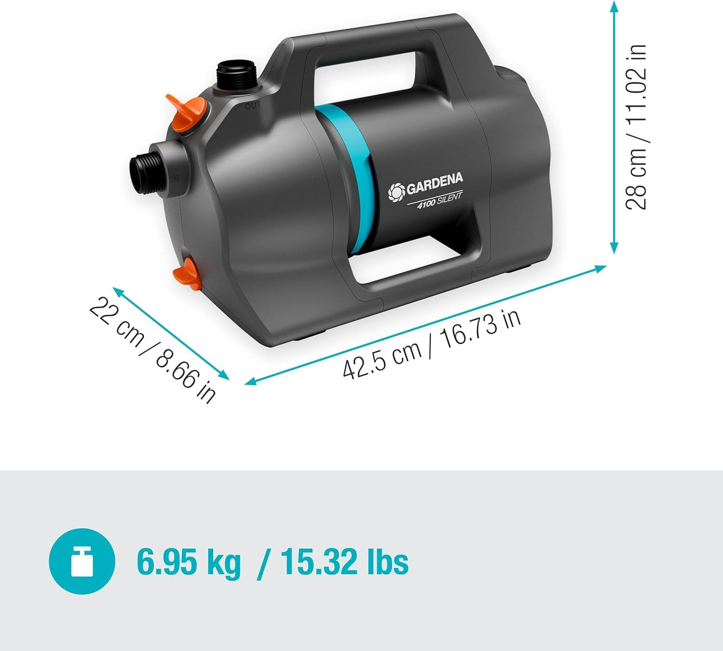 Gardena 4100 Silent Havepumpesæt: Meget stille og innovativ kunstvandingspumpe med 3,5 m sugeforbindelse og 20 m klassisk slange, 4100L/h flow, 550W motor, vandtæt, økonomisk (9051-20)