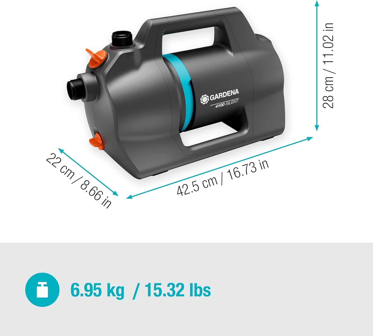 Gardena 4100 Silent Havepumpesæt: Meget stille og innovativ kunstvandingspumpe med 3,5 m sugeforbindelse og 20 m klassisk slange, 4100L/h flow, 550W motor, vandtæt, økonomisk (9051-20)