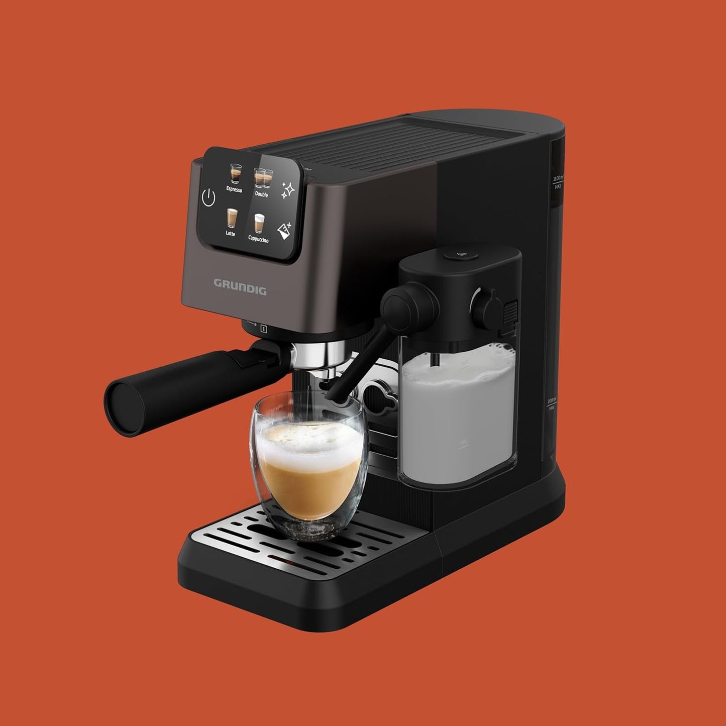 Portafilter espressomaskine GRUNDIG KSM 5330 med integreret mælkebeholder, effekt 1628 W, pumpetryk 15 bar, dobbelt mundstykke, farvetouchdisplay, BrewSense, CreamyPro, Mørk rustfrit stål/Sort