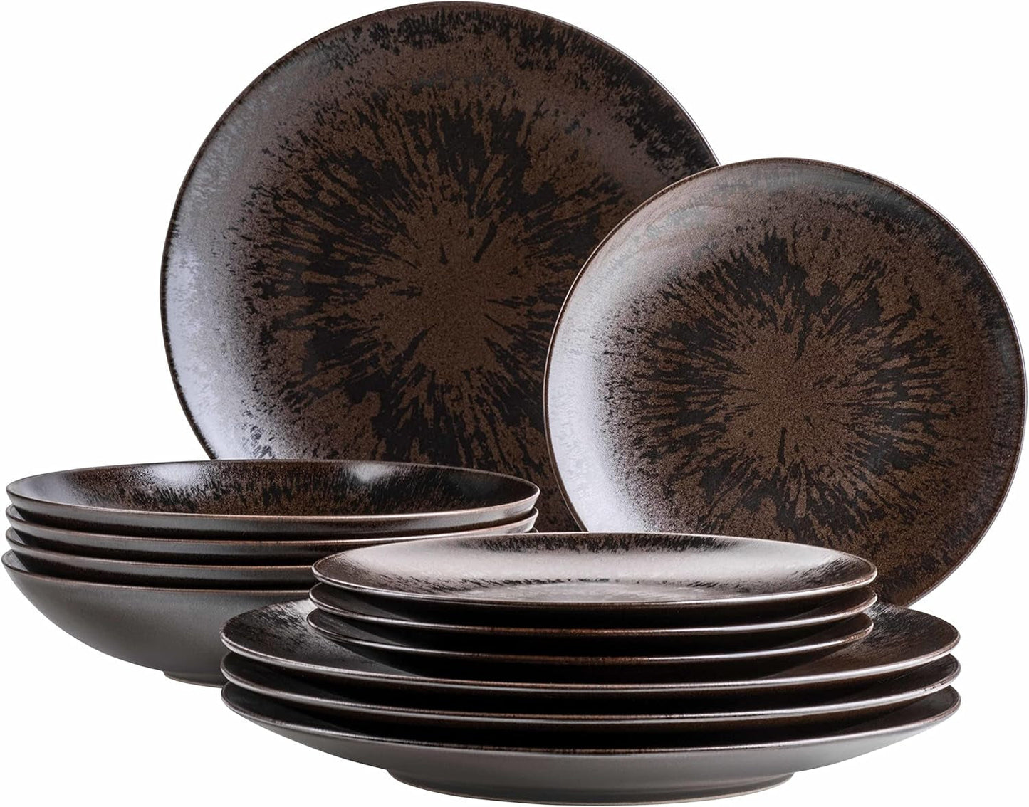 MÄSER Bronze Metallic 12-delt bordservice til 4 med elegant og blank glasur middagstallerkensæt med middagstallerken, middagstallerken og desserttallerken i højkvalitets keramik, stentøj, brun