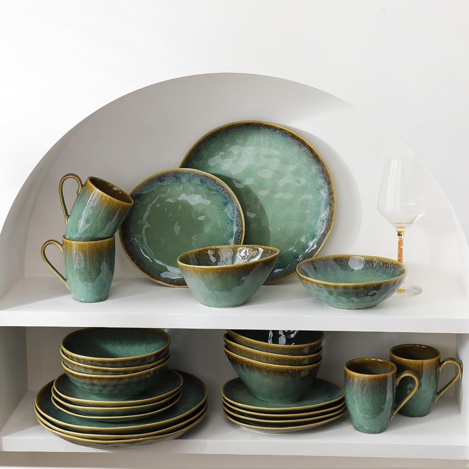 Henten Home Specialtallerkener i stentøj, snack- og sauceskåle - 20x17cm til 4 personer, morgenmadstallerkener i porcelæn - moderne grønt design