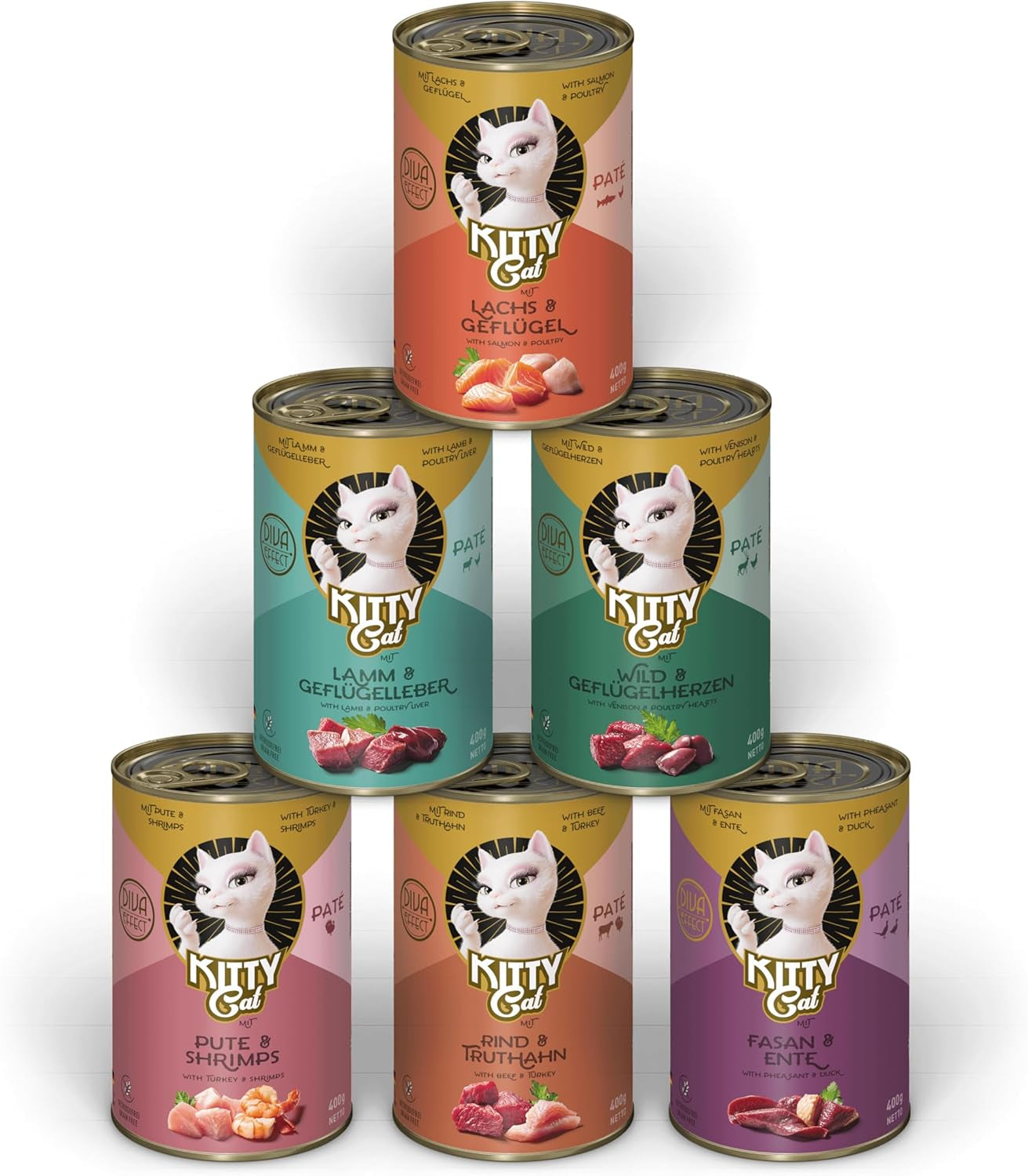 KITTY Cat Paté Mix 2, 6 x 400g, våd kattefoder i prøvepakke, kornfrit foder med taurin, lakseolie og grønlæbede muslinger, fuldfoder med højt kødindhold, fremstillet i Tyskland