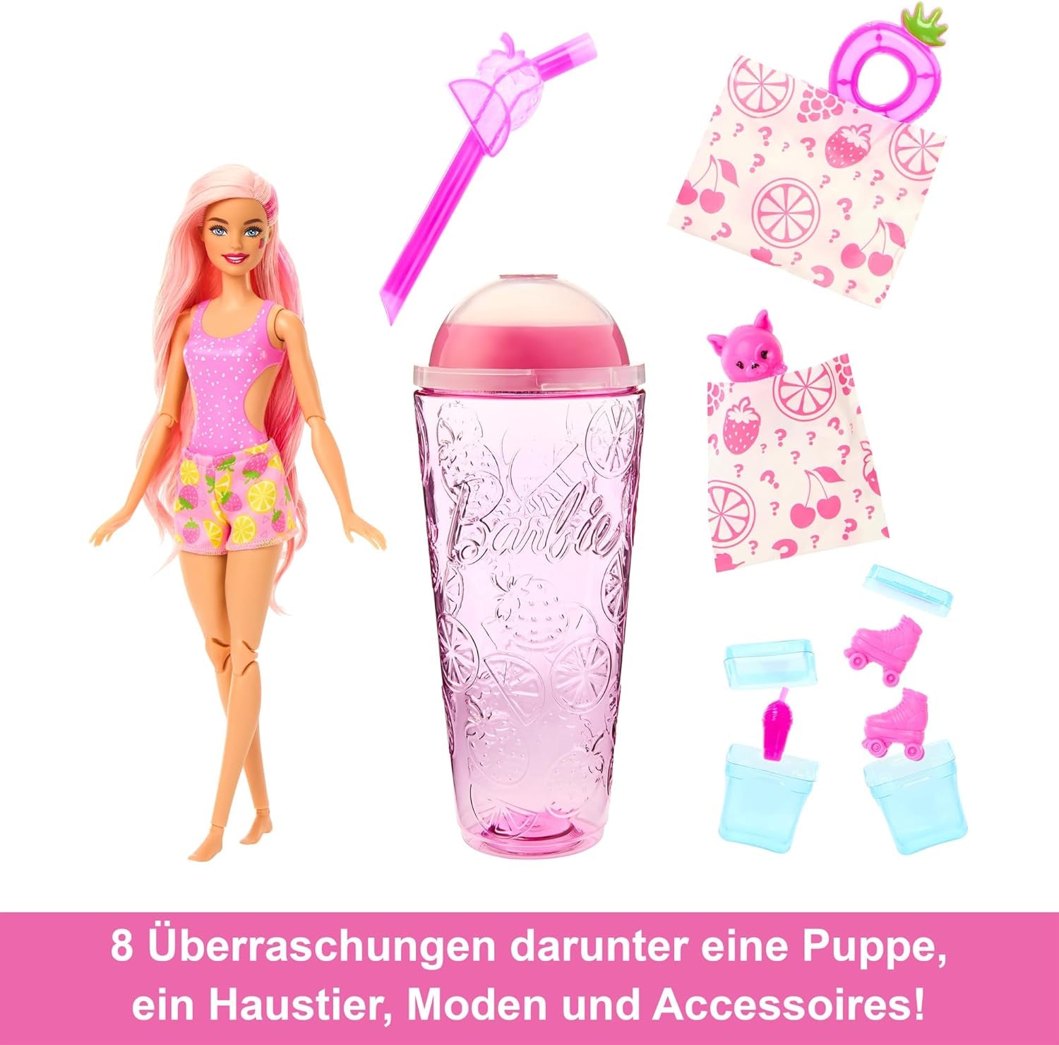 Barbie Pop Reveal Fruit - Overraskelsesdukker med 8 frugtige overraskelser, inklusive en positionerbar jordbær-limonadeduft og en luftig hvalp i alderen 3+, HNW41
