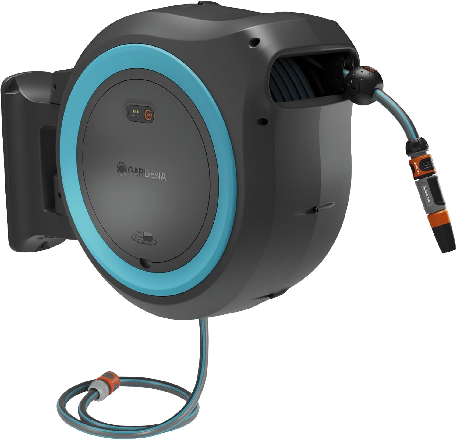 Gardena PowerRoll XXL Solo ledningsfri vægslangeboks: Automatisk slangetromle med 40 m haveslange, slangeføring og rullekontrol, batteridrevet, UV- og frostbestandig (18647-55)
