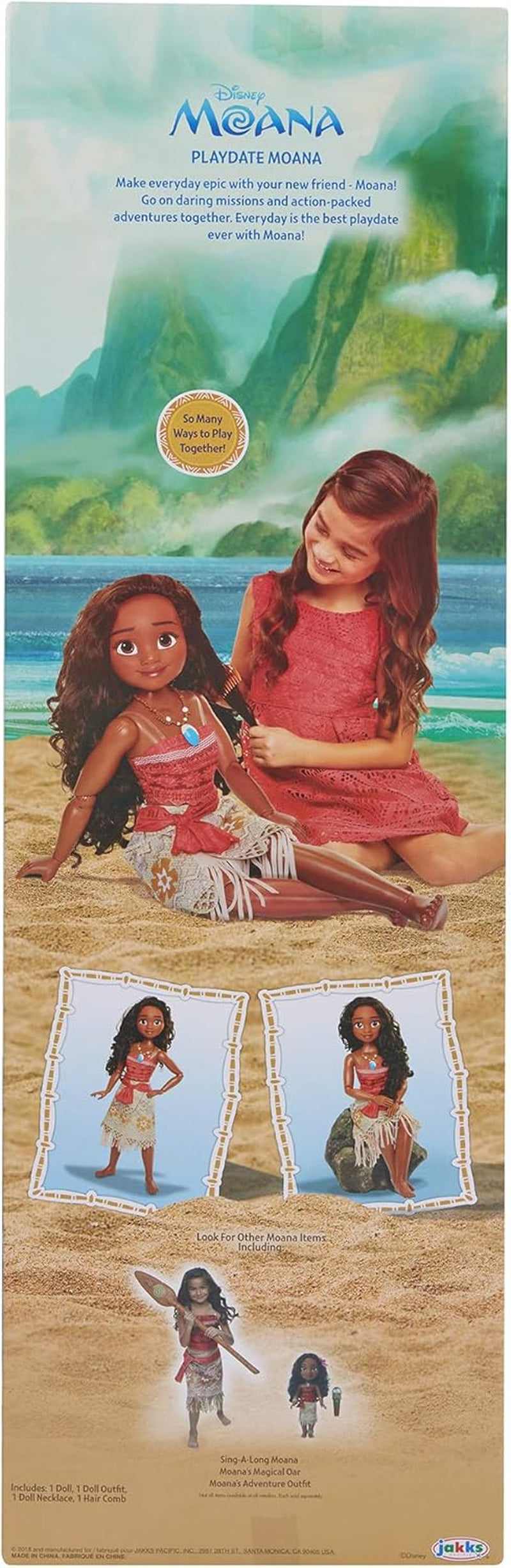 Disney Princess Vaiana, 80 cm stor Spielpuppe von Jakks Pacific, bewegliche Puppe, mit Bürste zum Kämmen ihrer wellligen Locken, vom Film inspireret Kleid, abnehmbare Halskette mit Anhänger