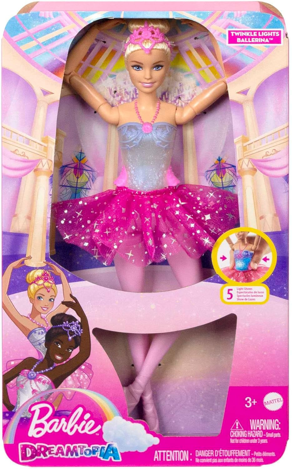 Barbie Dreamtopia Magic Ballerina Doll med lys, lyserød tutu og blondt hår, 5 lys- og lydeffekter, positionerbar Barbie, 3+, HLC25