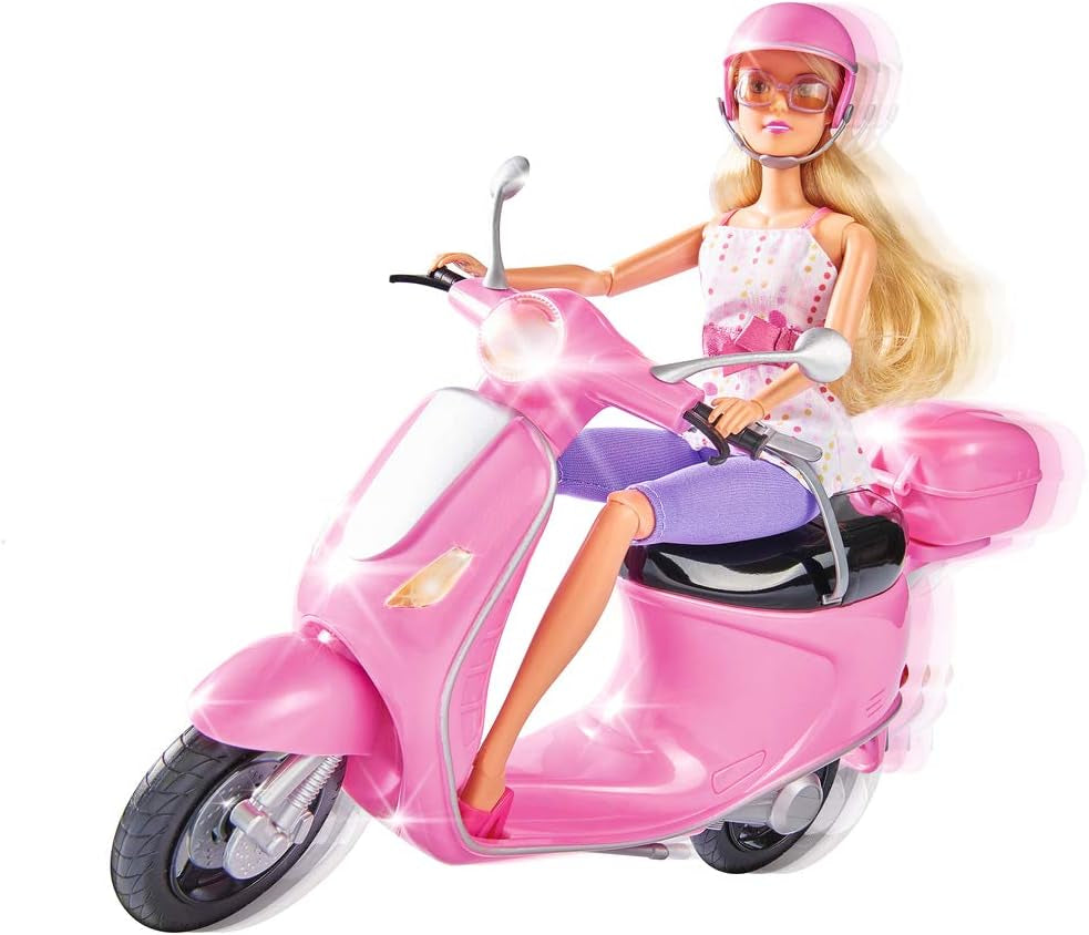 Simba 105730282 - Steffi Love Chic City Scooter, Steffi med Pink Scooter med hjelm og hjelmrum, Modedukke, 29 cm, til børn fra 3 år