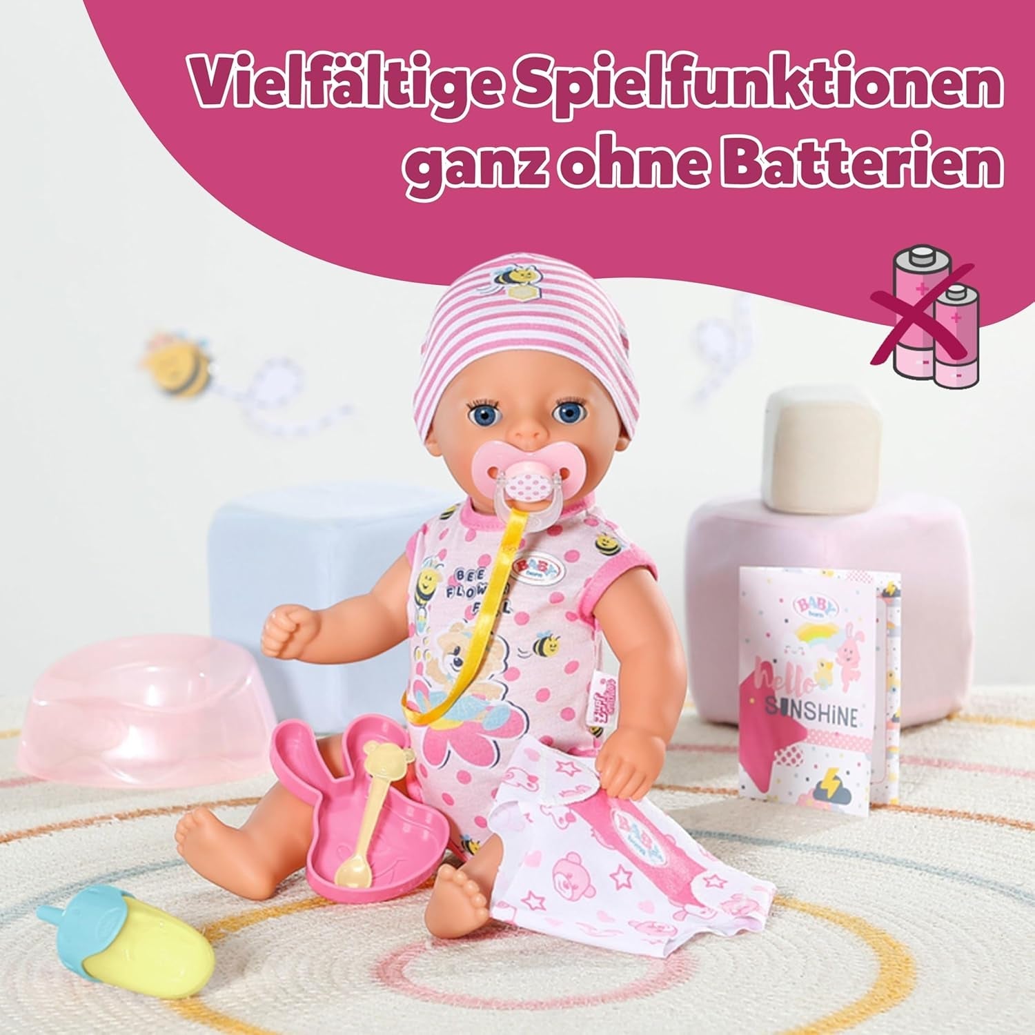BABY Born Lena (Pige) - babydukke 36 cm - 7 funktioner inklusive tilbehør og madras - Fungerer helt uden batterier - Velegnet til små børn fra 1 år