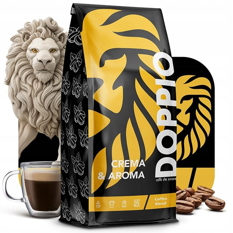 Doppio Creme & Flavor 1KG | Kaffebønner 80% Arabica og 20% ​​Robusta | med noter af kakao, nødder og karamel | Frisk og mellemstegt, lav surhedsgrad | til espresso | Blå spækhugger kaffe