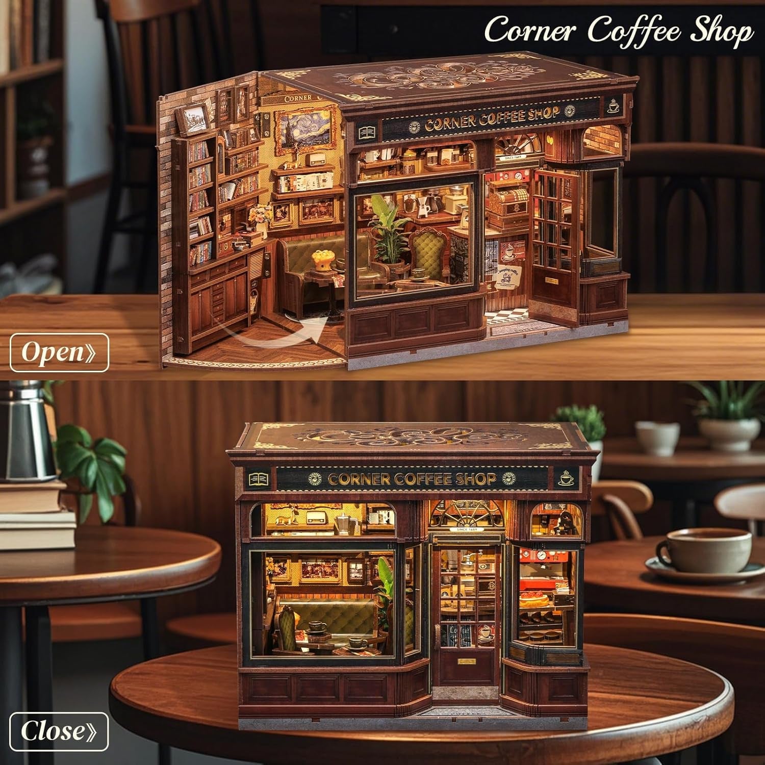 CUTEBEE Book Corner Kit - DIY dukkehuse, LED Light Up Miniature House Building Kit til voksne, 3D træpuslespil og bogstativ - Bogreoldekoration og gave (Corner Cafe)