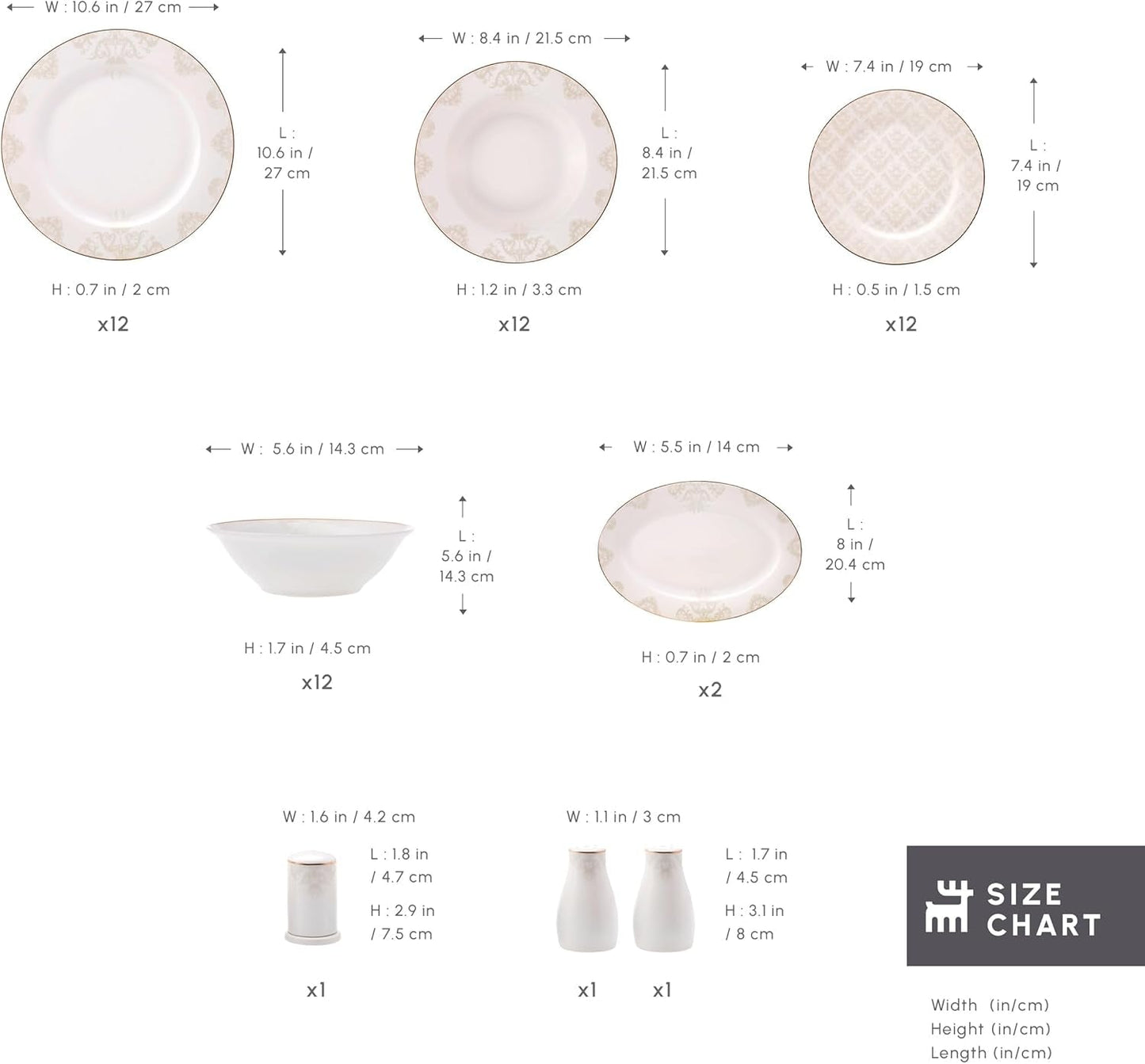 Karaca Elegance Bone Siena Spisesæt til 12, Moderne Porcelænsstel, Spisesæt med Suppeskåle, Serveringsfad, Dybe tallerkener, Desserttallerkener - hvid og guld