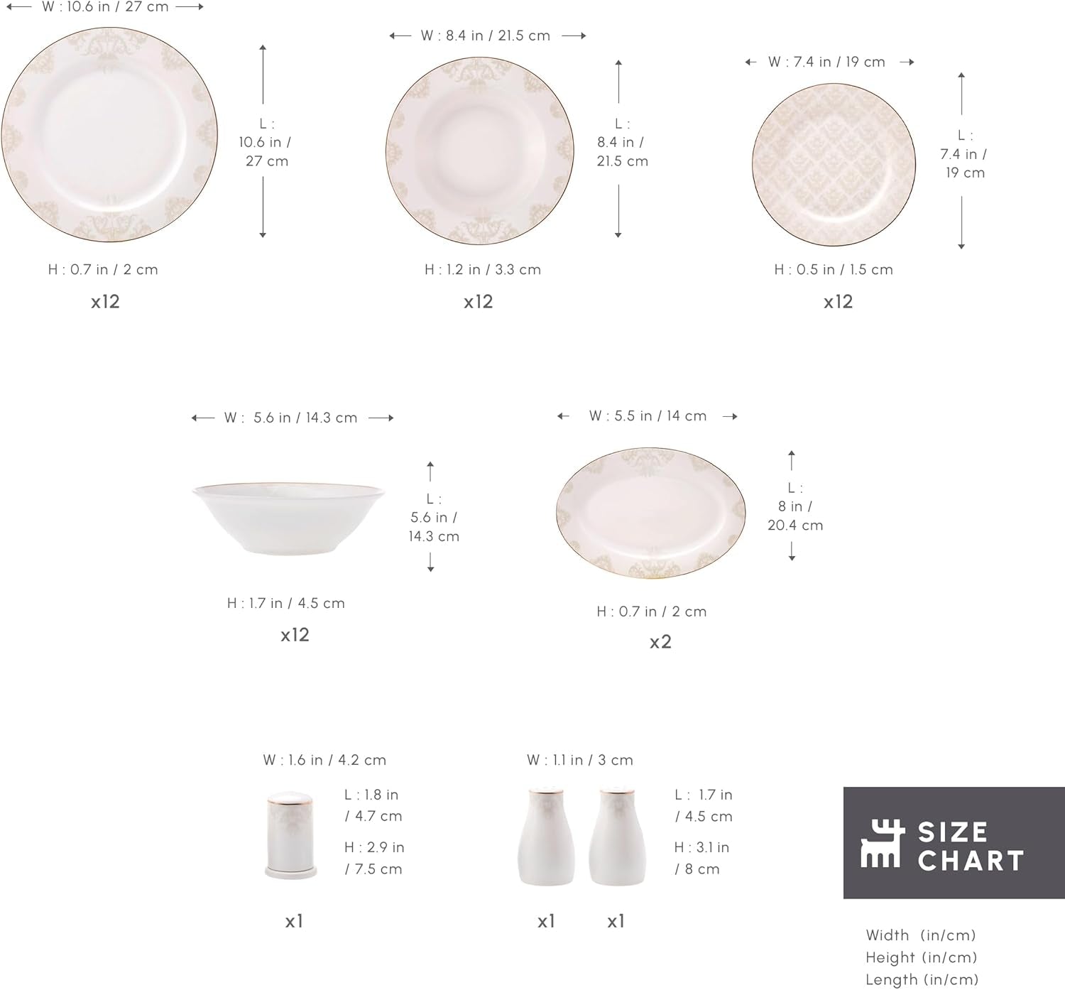Karaca Elegance Bone Siena Spisesæt til 12, Moderne Porcelænsstel, Spisesæt med Suppeskåle, Serveringsfad, Dybe tallerkener, Desserttallerkener - hvid og guld