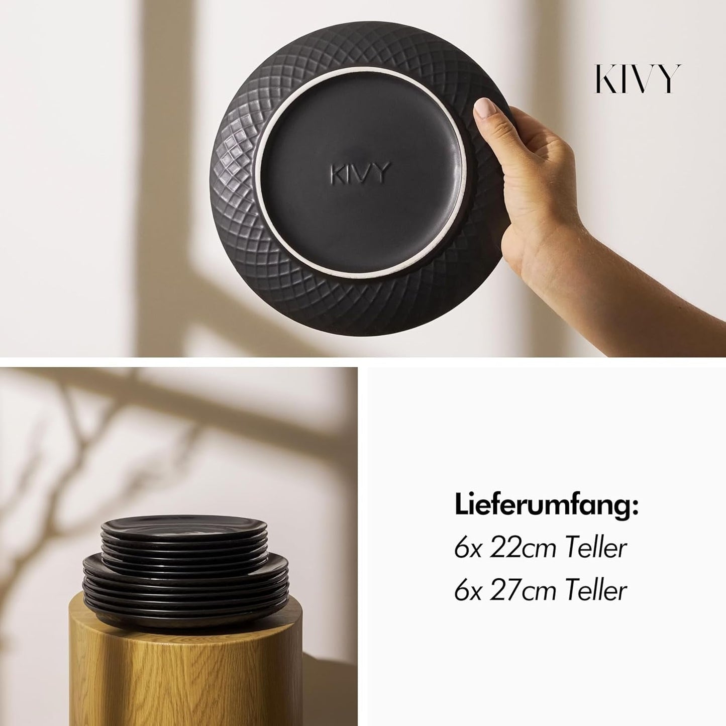 KIVY Geschirrset 6 Personen[Kratz & Spülmaschinenfest] 6x27cm + 6x22cm - Tellersæt 12-teilig moderne - Geschirr Sæt - Kombiservice - Geschirrset - Tellersæt Schwarz - Teller Schwarz Matt