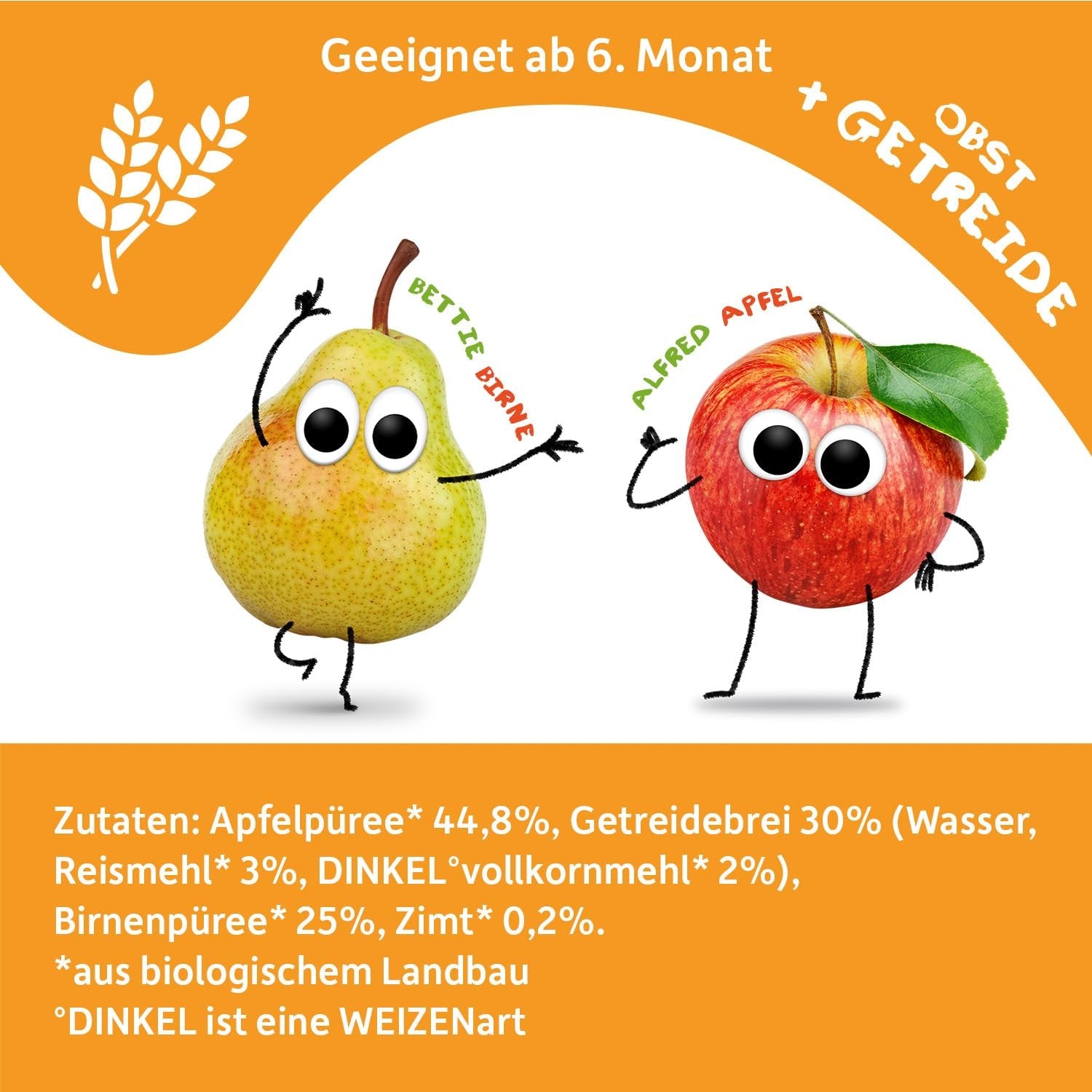 FRECHE FREUNDE Økologisk frugtpose, der kan presses sammen Æble Kanel Pære Ris Spelt frugtpuré med korn til babyer 6 måneder+ Vegansk 6-pak (6 x 100 g)