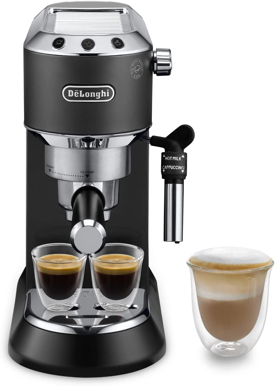 De'Longhi Dedica Style EC 685.B – Espressomaskine med portafilter, espressomaskine med professionel mælkeskummer, kun 15 cm bred, til malet kaffe eller ESE-kapsler, 1 l vandtank, sort