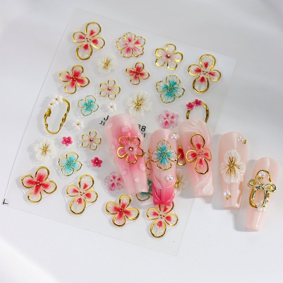 JMEOWIO 3D Nagelsticker Farverig Flower Nail Art Sticker Selbstklebend Nagelaufkleber 5D Stereoskopisk Forår Sommer Blomsterdekoration Nageldesign Tilbehør 4 Blatt