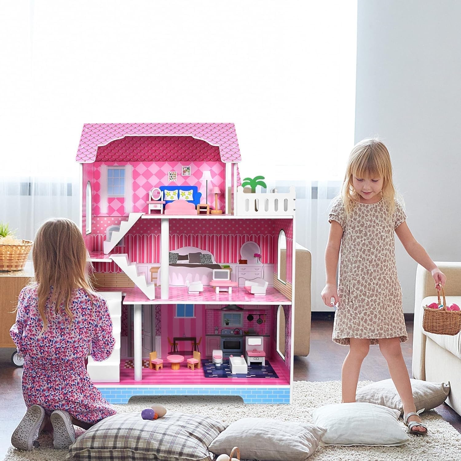 HENGMEI Puppenhaus Kinder Holz Puppenvilla Dukkehus Sæt Mädchen Spielset 3 Etagen Haus med Möbeln og tilbehør, 70x30x100cm Puppenhæuser for Kinder (Typ B)