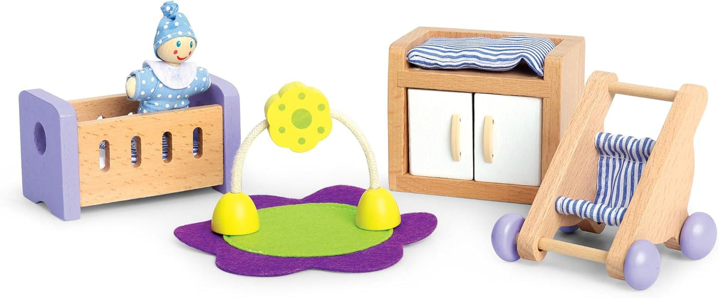 Hape babyværelse - trædukkeværelsessæt, babydukkemøbler, tilbehør til småbørn dukkehus, miniature babyværelse med gynge og tilbehør, 3 år gammelt rollespil