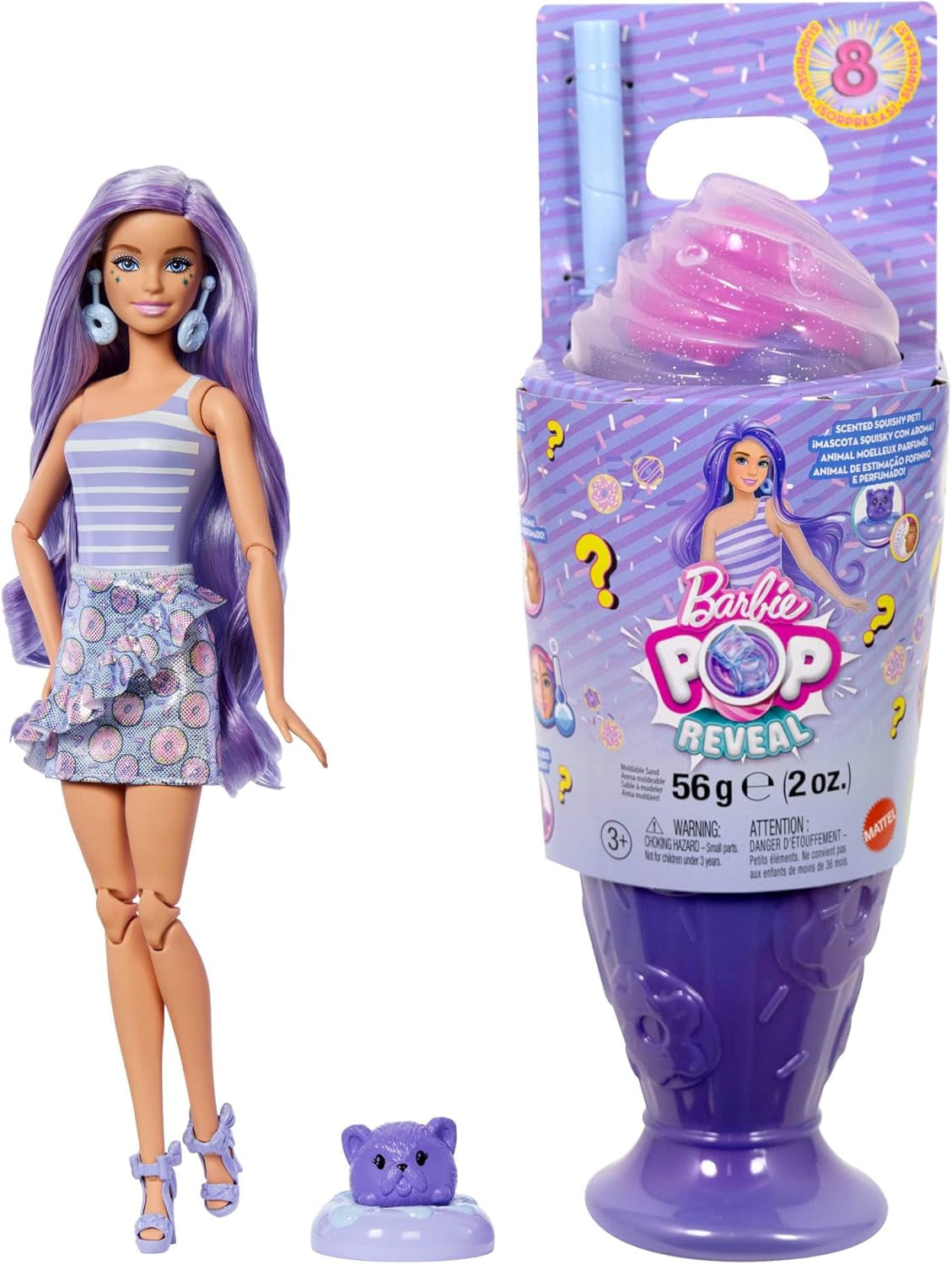 Barbie Pop Reveal-seriesæt med modedukke og tilbehør, Candy-serier, Donut Dreams-design med kæledyr, 8 overraskelser inklusive farveskift, JFY60