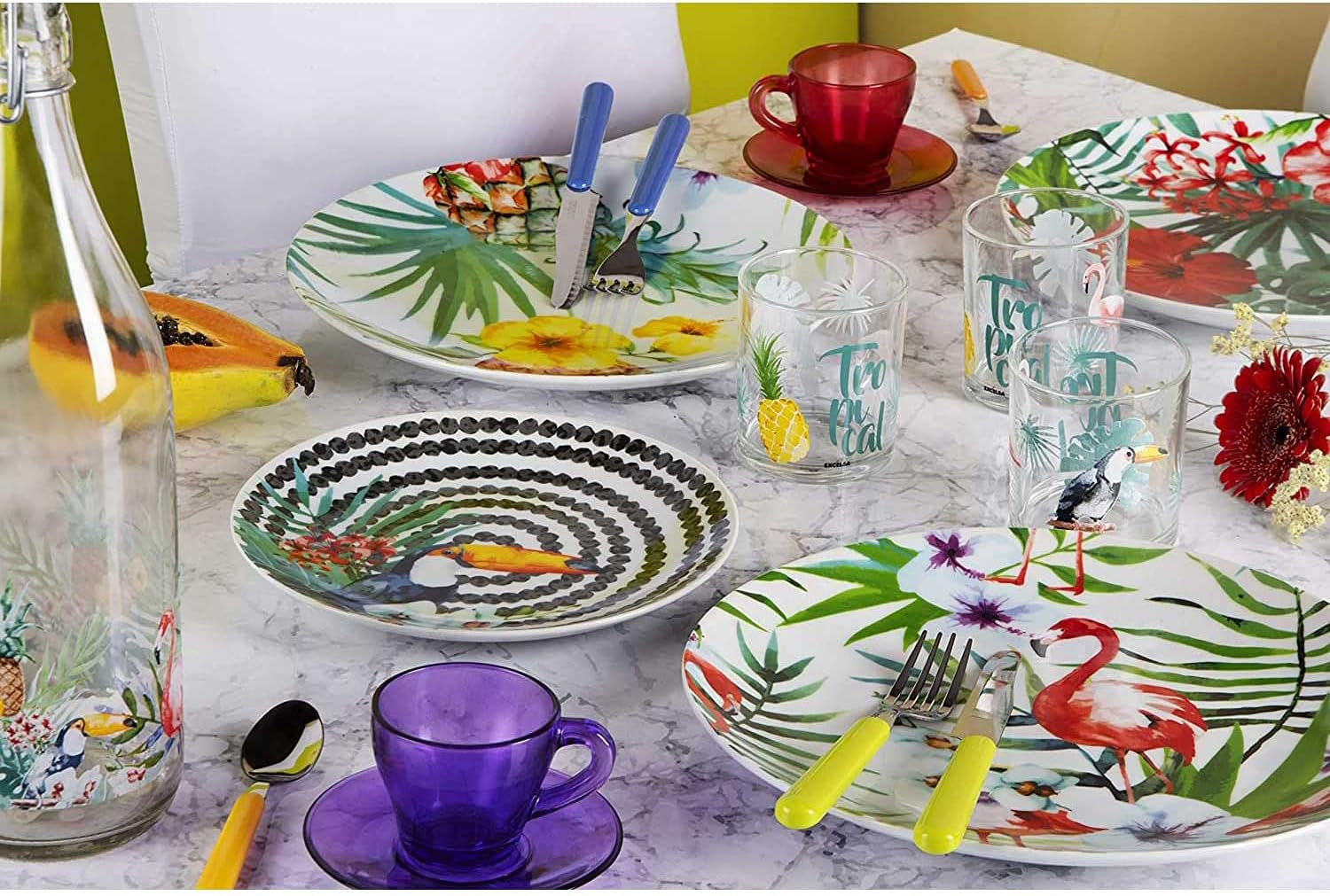 Excelsa Tropical Chic Tallerkensæt, 18 Stück, Porzellan, mehrfarbig