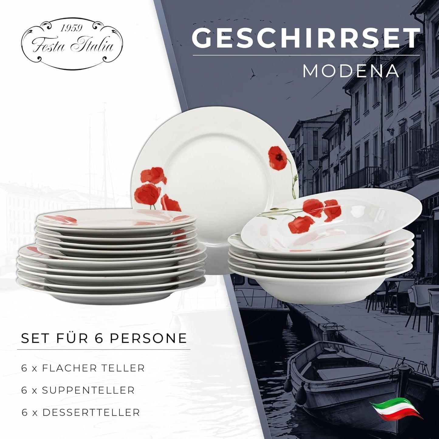 Spisesæt til 6 - 18 stykker - Porcelænsstel - Hvidt Spisesæt - Skåle- og tallerkensæt - Moderne service - Tallerkener - Bordservice - Porcelænssæt til 6