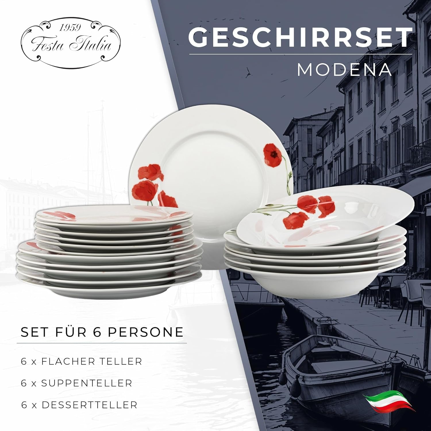 Spisesæt til 6 - 18 stykker - Porcelænsstel - Hvidt Spisesæt - Skåle- og tallerkensæt - Moderne service - Tallerkener - Bordservice - Porcelænssæt til 6