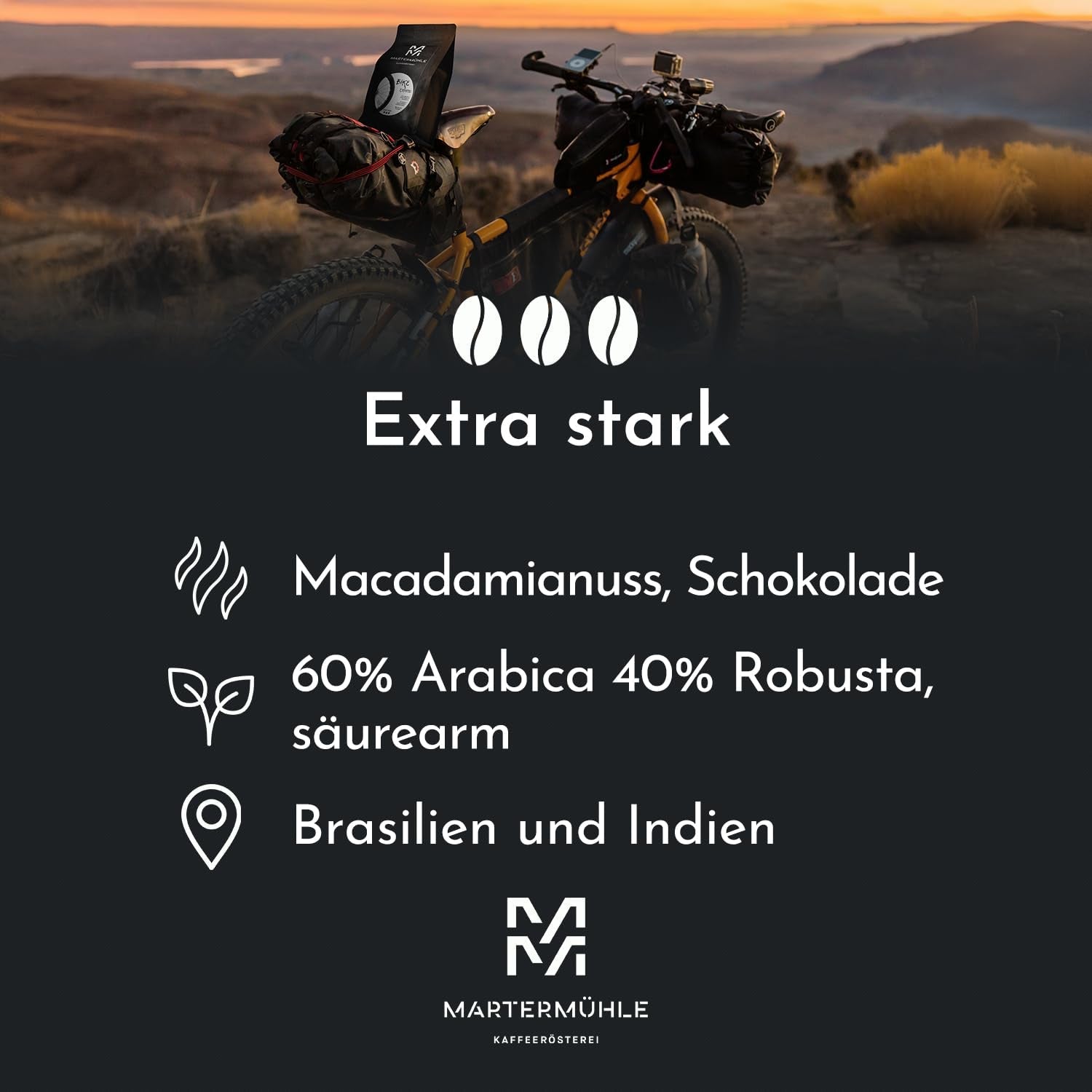 Espressobønner Martermühle Bike 500g Stærk | Arabica/Robusta | Smag: Macadamianødder, mælkechokolade | Let ristede hele espressobønner, lav syre
