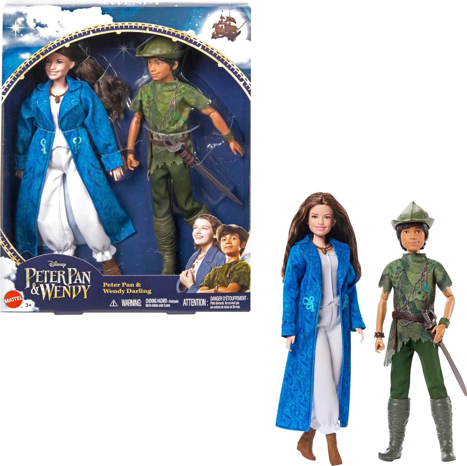 DISNEY Peter Pan og Wendy - poserbare figurer med typiske kostumer og aftageligt tilbehør, bukser i blødt materiale, til genskabelse af yndlingsscener eller kreativ leg, til børn fra 3 år og opefter, HNY36