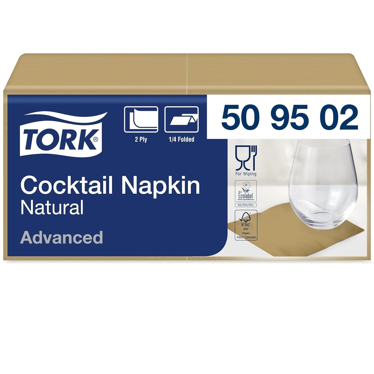 Tork naturcocktailserviet med fortrykt miljøsymbol, 200 servietter, 509502
