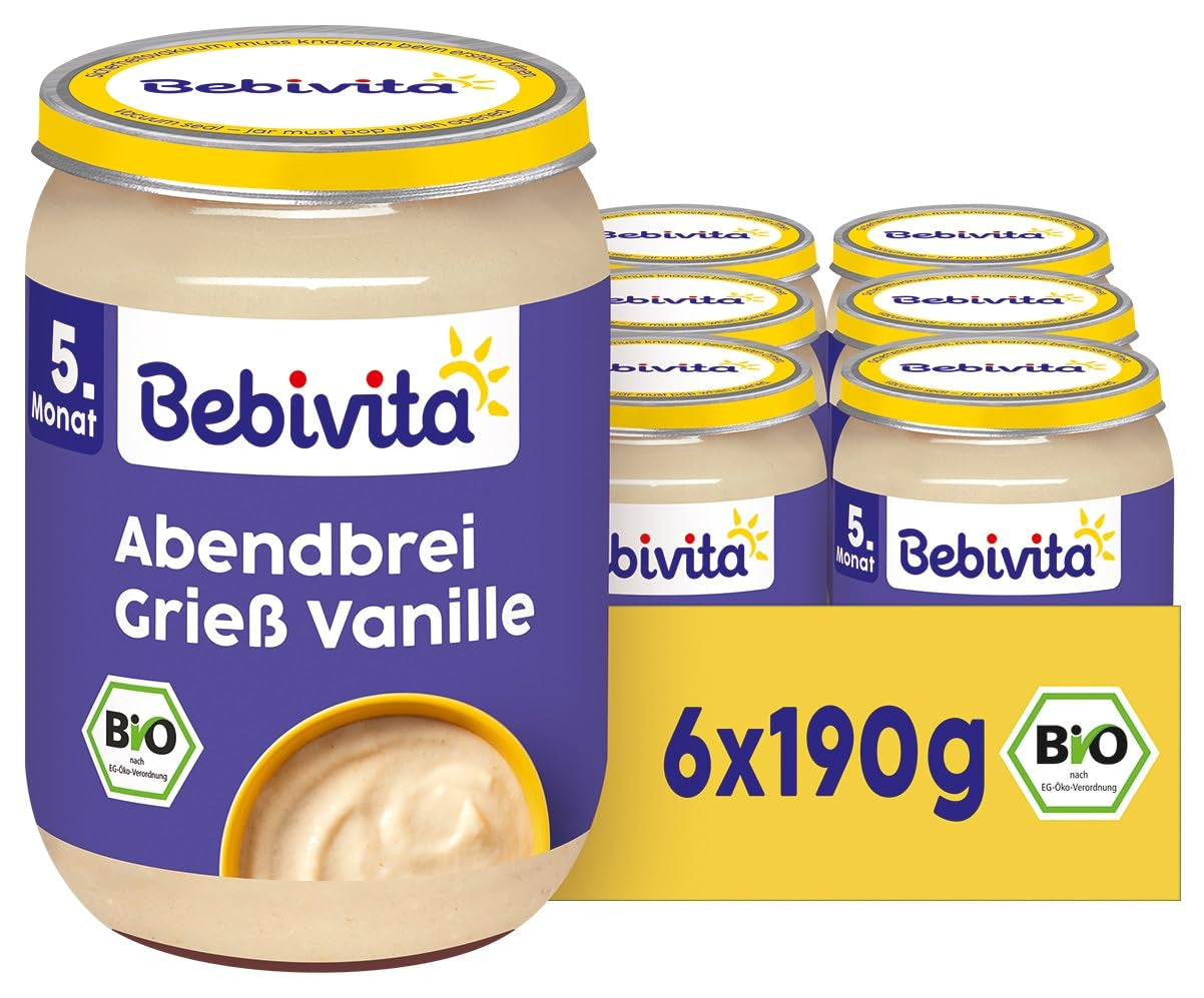 Aftengrød med økologisk semulje og vanilje (6 x 190g), fra 5 måneder, uden tilsat sukker, meget mættende, 100% økologisk kvalitet